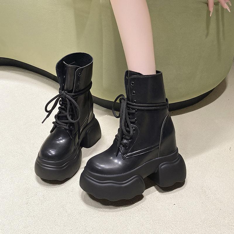 

Модные дизайнерские кожаные женские мотоциклетные ботинки с увеличенным каблуком, осенне-зимние туфли на платформе для женщин, модные повседневные ботильоны для женщин 34