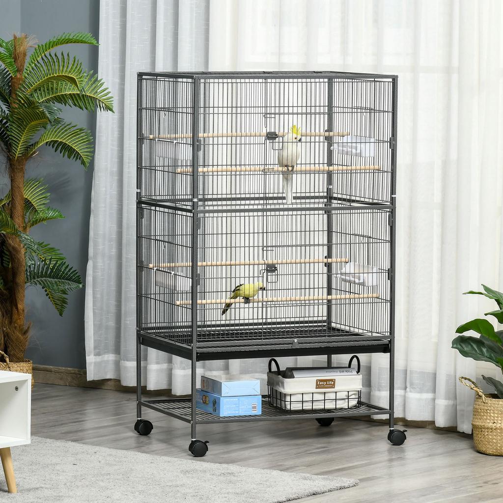 Standing Bird Cage Indoor Aviary with 4 Wooden Perches and Feeders, Steel Wire, Dark Grey