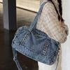 Bolsa de ombro feminina casual em jeans Bost Grande capacidade Jeans feminina Bolsa de ombro rebite grandes sacolas de viagem Bolsas transversais femininas azul