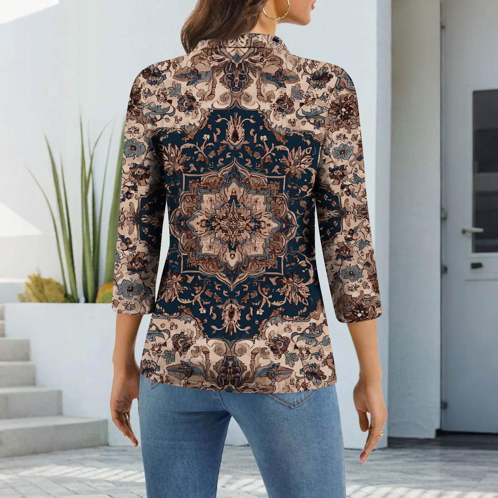 Women's Fashion Casual Lapel Short 3/4 Sleeve Print Shirt Women's Button Up Tops