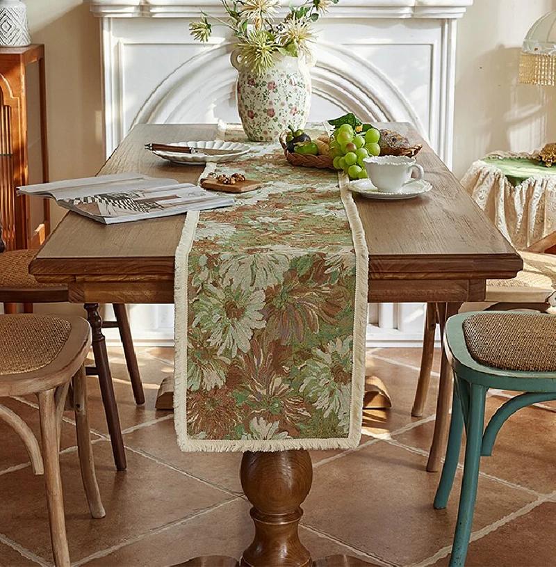 Vintage Table Runner Oil Painting with Tassels Bohemian Sideboard Suitable For Kitchen Holiday Party Birthday Party Table Decor