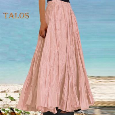 Women Skirt Elastic High Waist Pleated Maxi Skirt Solid Color A-Line Ankle-Length Skirt Large Hem Long Skirt Work Leisure Wear