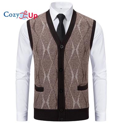 Cozy Up Erkek Kazak Yelek Hırka Önü Düğmeli Triko Kontrast Renk Baklava Desenli Kazak Yelek