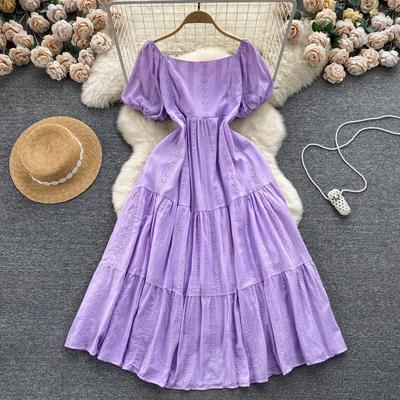 Summer Bohemian White Dress for Women Clothing Hollowed Out Square Neck Reduced Age Puff Sleeves Slim Embroidered Long Dress