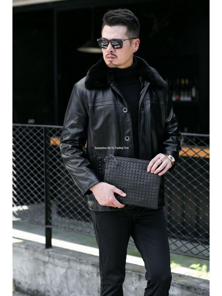 Men's Plus Velvet Leather Jacket with Thickened Fur Collar, Autumn/Winter Warmth, Ideal for Middle-Aged and Elderly Dads and Grandpas.