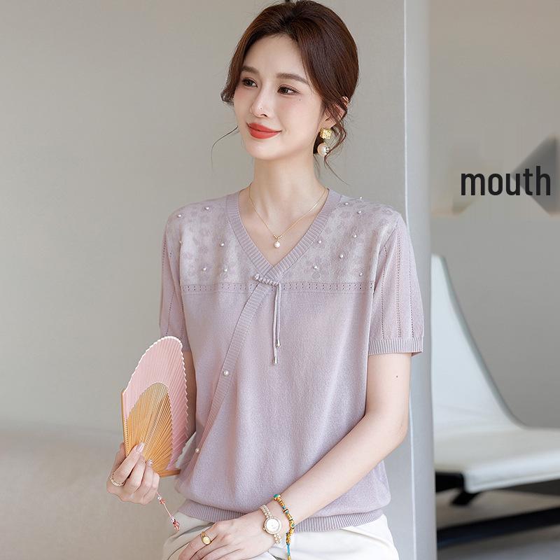 

Mom s Summer Chinese-Style Ice Silk Blouse: Stylish Short-Sleeve T-shirt for Middle-Aged and Elderly Women s Day, Thin Loose Top 4XL (135-150 jin) светло-фиолетовый