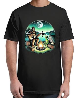 Alien and Bigfoot Loch Ness Campfire Sasquatch Guitar Adult S-4XL Unisex T-Shirt