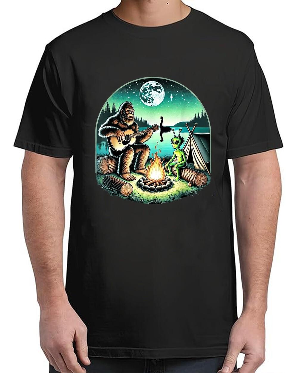 Alien and Bigfoot Loch Ness Campfire Sasquatch Guitar Adult S-4XL Unisex T-Shirt XXXXL