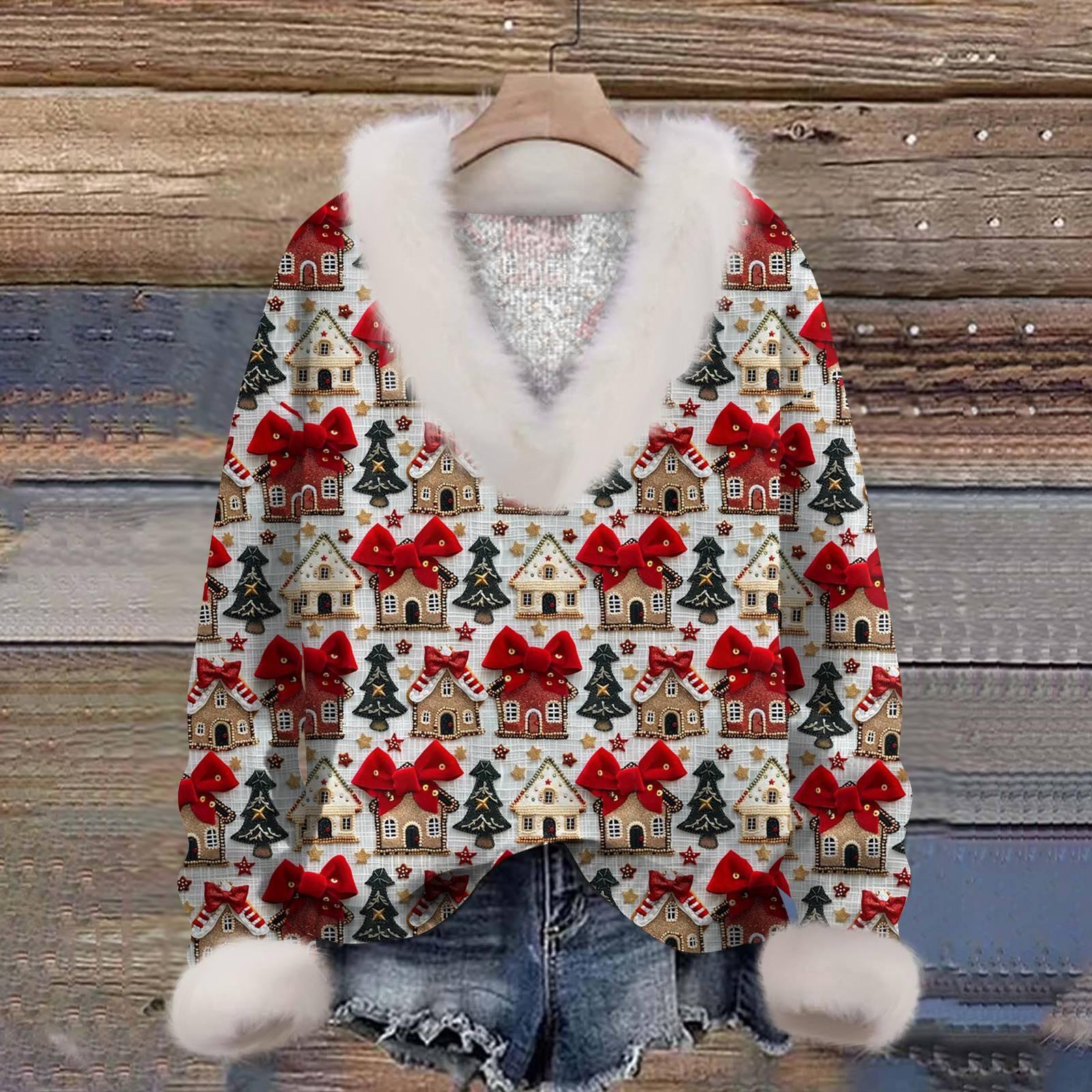 

Женская толстовка с длинным рукавом, рождественским принтом, плюшевым воротником, V-образным вырезом, пуловер XL винный
