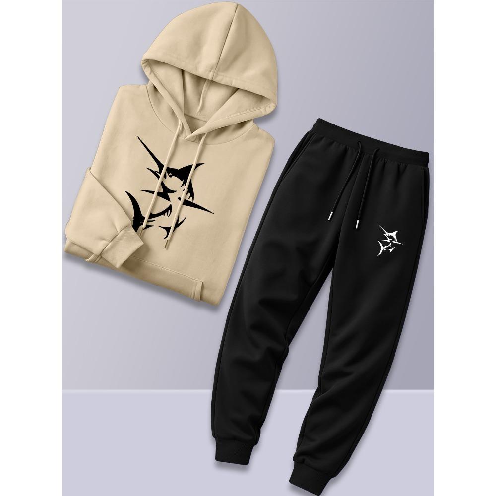 Swordfish Print Hooded Sweatshirt and Pants Two Piece Set Men's Sports Suit Casual Street Style Versatile for Daily Fishing Trips