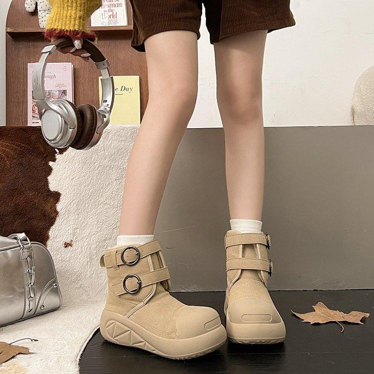 Höhenverstärkende Schneestiefel mit dicker Sohle für Damen, Herbst 2025, neue hässlich-süße Kurzstiefel mit großem Kopf, Samt, warm, kleine Baumwollstiefel