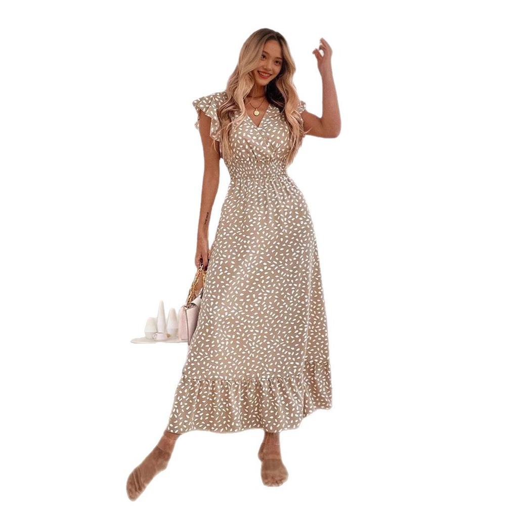 Robe longue à col en V cintrée à la taille avec manches à volants pour femme, Collection Printemps/Été (803).