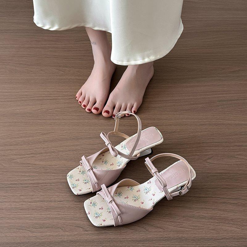 Fashion Summer Square Toe Shallow Women Slippers Bow Elegant Mid Heels Shoes Designer Pumps 2025 Trend Fad New Brand Sandalias De Mujer