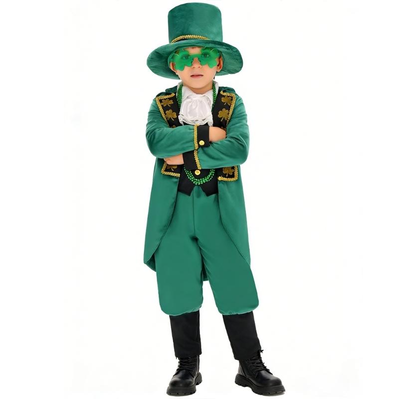 Irish Lucky Shamrock Kids Show Costume Set With Hat Vest Scarf And Pants Cosplay Outfit For Patrick Day Dance