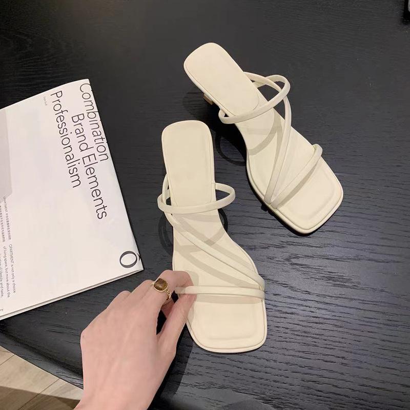 

Grape mother with the same French thin belt fairy style square head thin high heels cool slippers women s summer wear 40 білий