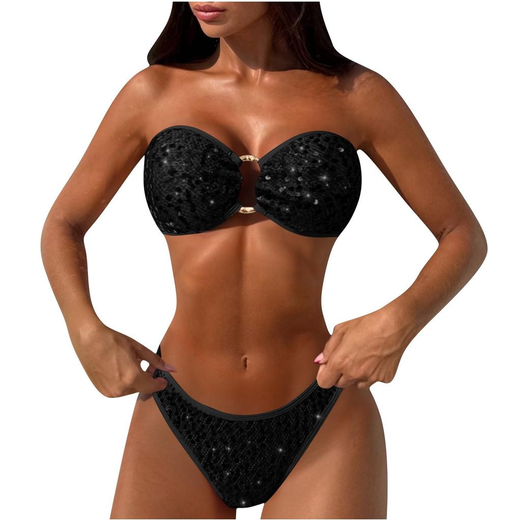 Zweiteilige Damen-Pailletten-Bikini-Sets O-Ring -Farbe Sexy Trägerloser Bikini