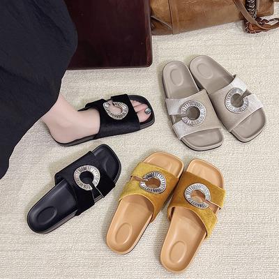 Summer 2025 New Rhinestone Open-toe with Cool Slippers and High-end Versatile Flat Women's Shoes