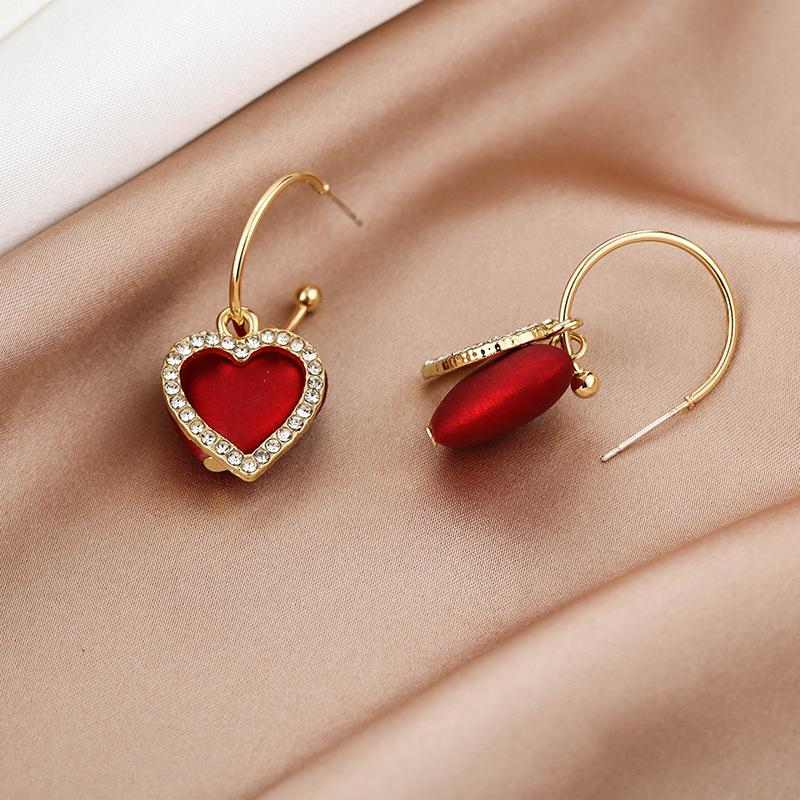 Red Peach Heart Earrings C-Type Trendy Festive Earrings Dongdaemun Earrings