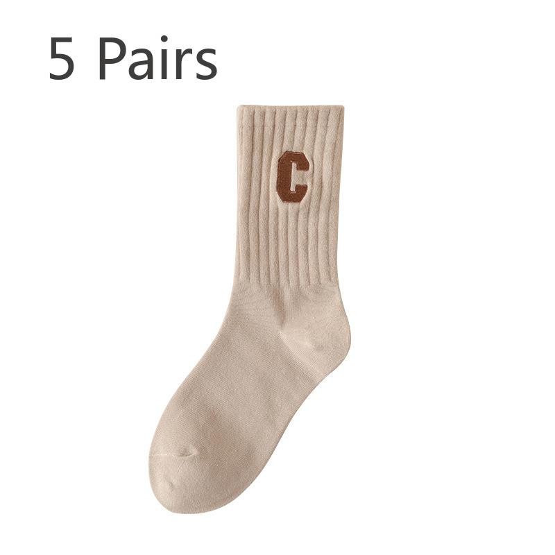 5 Pairs of Female Spring and Autumn Embroidered Letters Solid Color Street Sports Cotton Socks