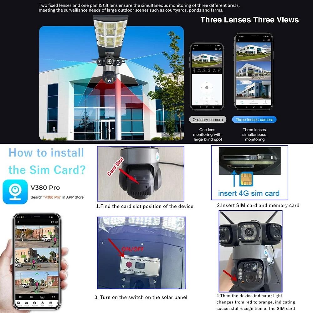 Moniteur Solaire 4G Multifonction Basse Consommation Télécommande Réverbère WIFI Caméra Intelligente Trois Écrans