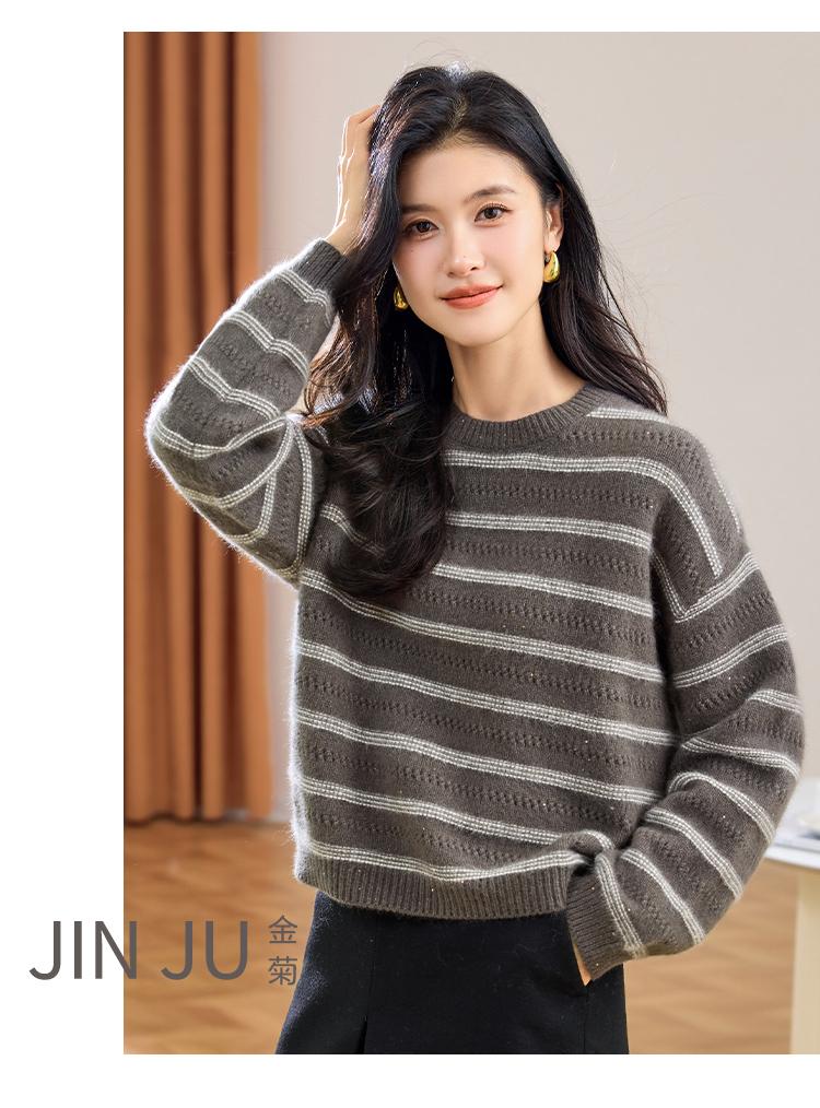 Thickened Autumn and Winter New Item [Sheep Wool Top] Striped Hollow Loose Large Version Contrasting Color Temperament Women's Wool Sweater