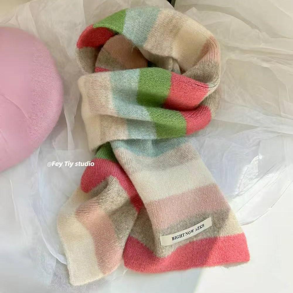 Apple Green Color Scarf for Women Autumn and Winter Color Block Striped Warm and Versatile Scarf