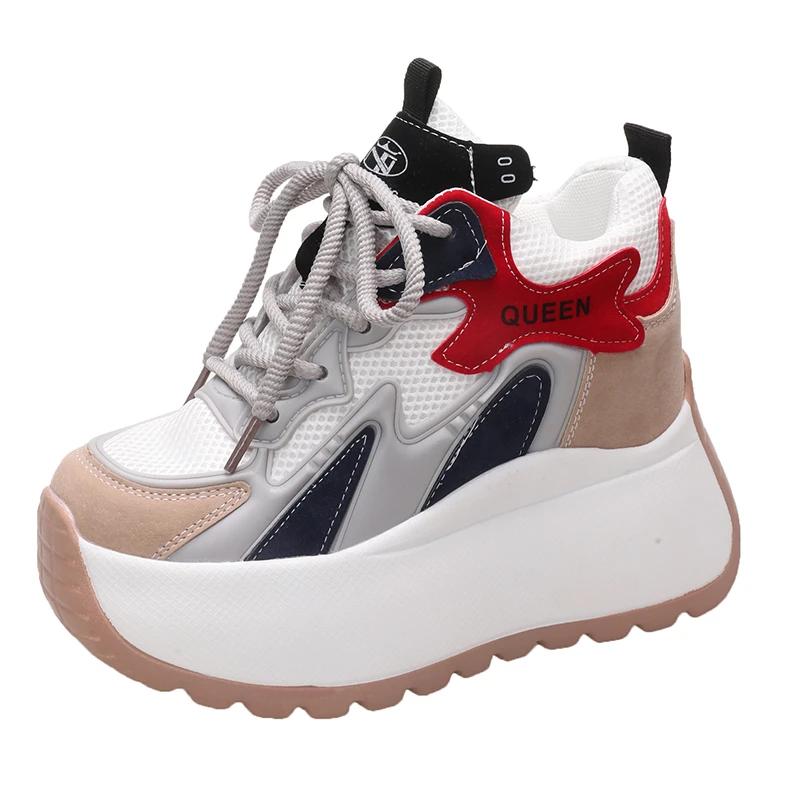 Fashion 10CM Women Casual Leather Sneaker Autumn Lace Up High Platform Shoes Thick Sole Sport Dad Shoes Woman Sneakers Chaussure Femme