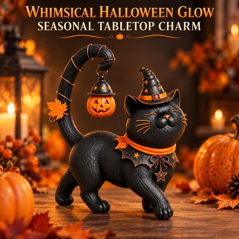 Standing Halloween Cats Decoration, Dark Figure with Pointed Hat and Aged-Look Finish for Entryway, Shelf, Office, or Desk Arrangement