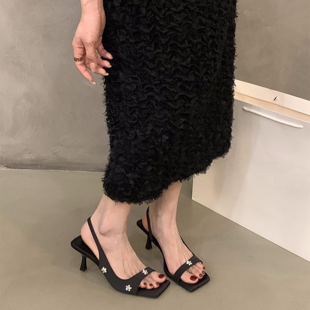 Niche Black High Heels with Sandals Fairy Shoes Temperament Rhinestone with Skirt Shoes