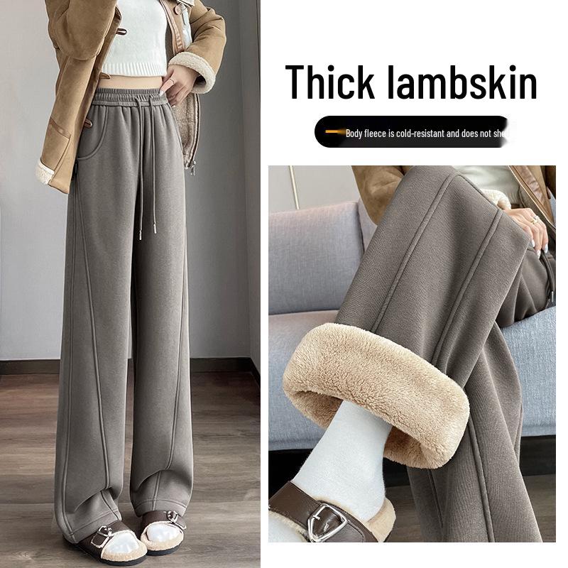 Women's Fleece-Lined Wide-Leg Pants - Autumn/Winter 2024 Lamb's Wool Straight-Leg Sportswear
