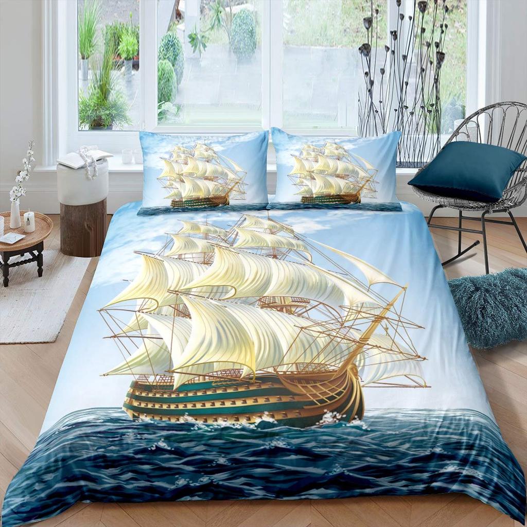 Pirate Duvet Cover Set Queen Sailboat Comforter Set Nautical Ocean Bedding Set Cool Style Quilt Cover Wave Print Decor Bedspread