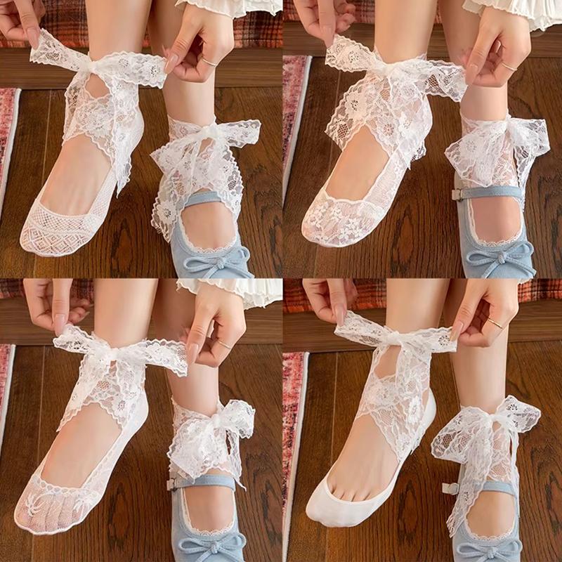1/4pairs Fashion White Flower Lace Tie Straps Boat Socks Korean Sweet Ballet Sock for Women Kawaii Lolita JK Slipper Dance Sock