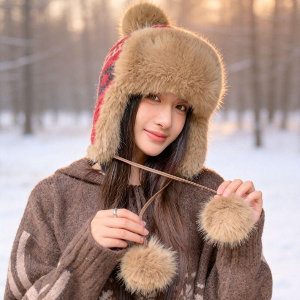 Pom Poms Knitted Trapper Hat 55-58cm Head Circumference Winter Hat Ushanka Hat Outdoor Activities