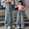 Girls Cargo Demin Pants Kids Casual Wide-legged Jeans Teenagers Fashion Streetwear Baggy Trousers Children Clothes 5-14 Years