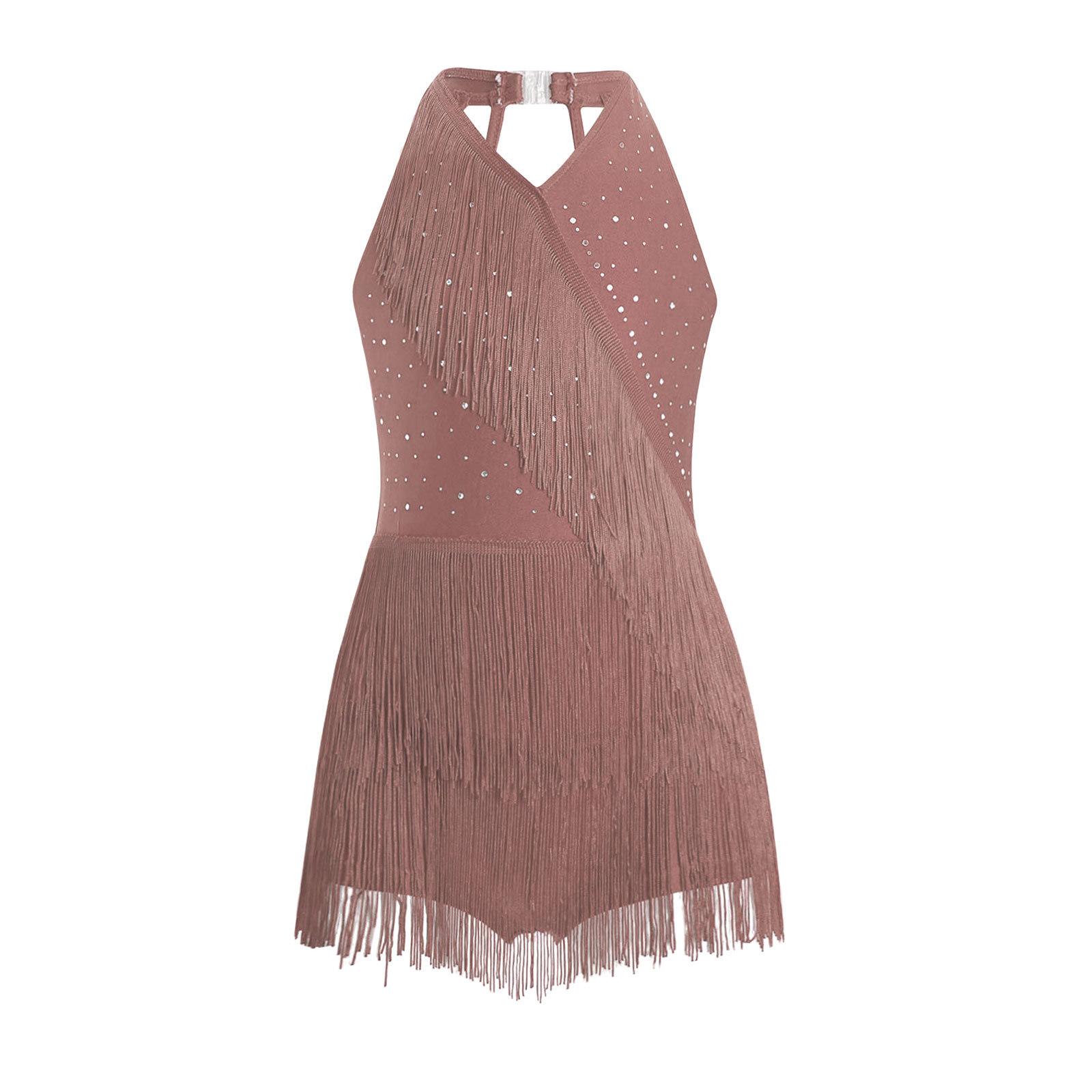 

Костюм для латиноамериканських танців для дівчаток, блискучий, зі стразами, з бахромою, леотар, халтер, V-подібний виріз, без рукавів, зі шнурівкою на спині, комбінезон з китицями 15-16 Years коричневий