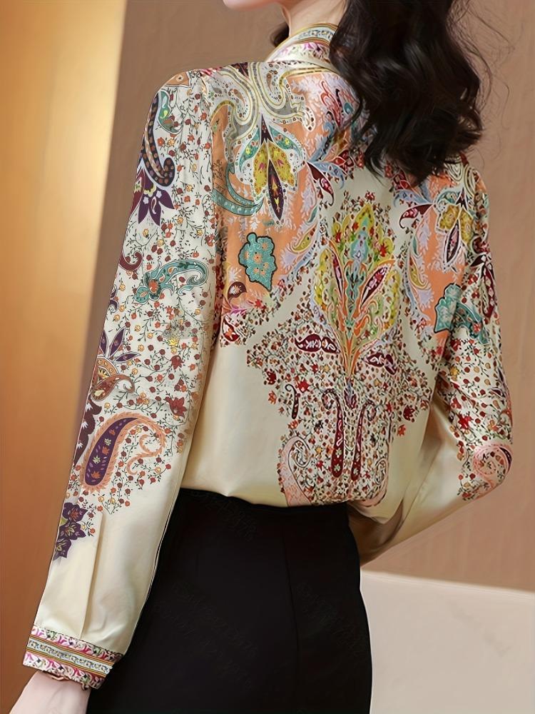 Koszula z płaskim kołnierzykiem w kwiaty, koszula w stylu vintage z długim rękawem i zapinaną na guziki na wiosnę i jesień, odzież damska