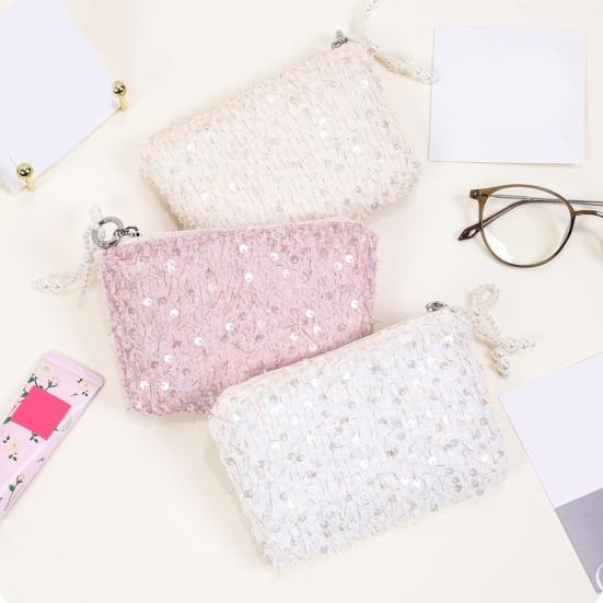 Sequined Cosmetic Bag Girls Stylish Glittery Clutch Makeup Bag with Faux Pearl Bow Zipper Puller Portable Travel Toiletry Organizer for