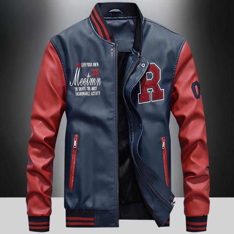 Chaqueta de cuero de otoño e invierno para hombre, chaqueta de cuero de motocicleta de lana, jersey de béisbol juvenil de moda, chaqueta de cuero bordada