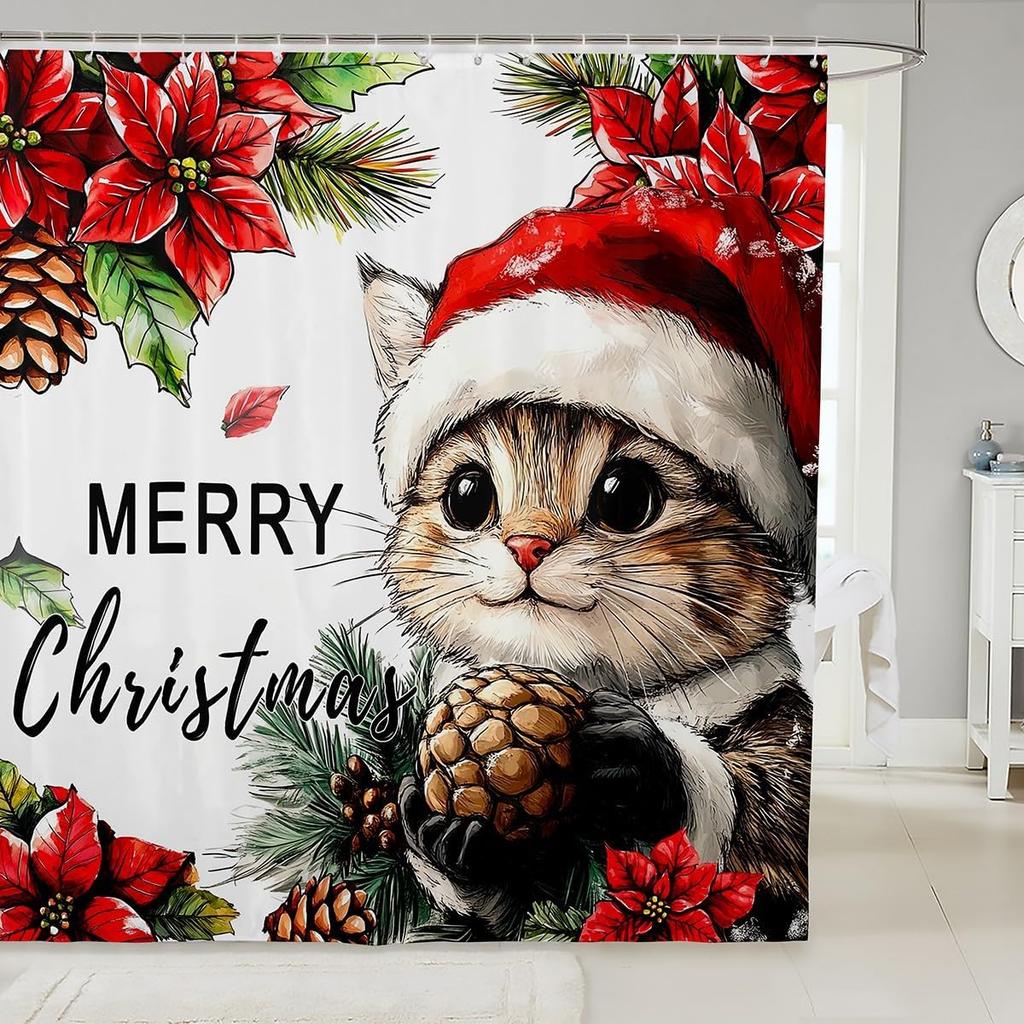 Christmas Cat Shower Curtain Cute Pet Cat Animal Bathroom Shower Curtain Sets, Xmas Decor Christmas Hat Fabric Shower Curtain