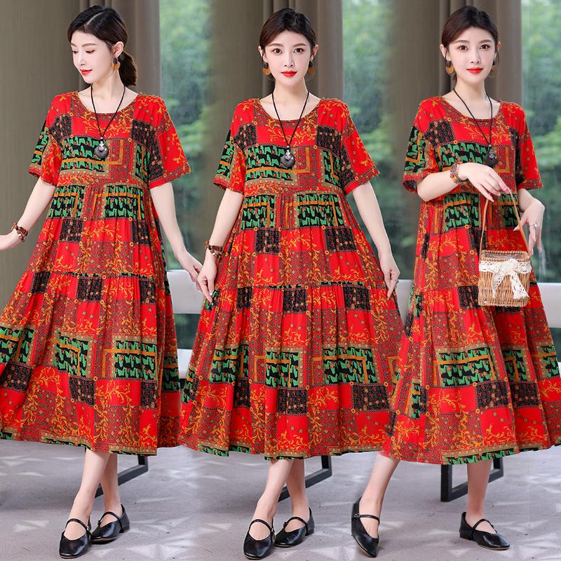 Plus Size Floral Dresses for Women Oversize Loose Short Sleeve Summer Long Dress Middle-aged Women Summer Sundresses