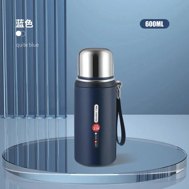 600/800ml 316 Stainless Steel Insulated Water Bottle, Leakproof Outdoor Flask with Carry Strap for Hiking