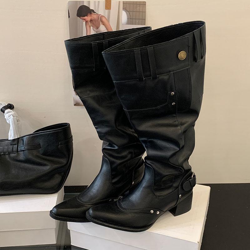Fashion Party Ladies Knee High Modern Boots With Heels Footwear Female Buckle Fashion Pointed Toe Women Long Boots Shoes Pumps new