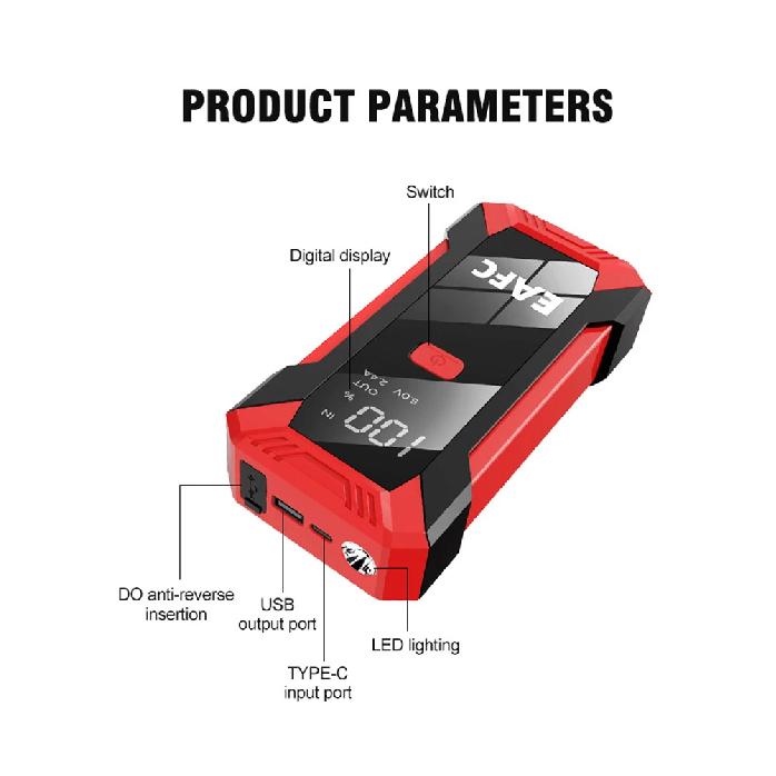 EAFC 2000A/600A Car Jump Starter Power Bank Portable Starting Device Lighting 12V Petrol Diesel Car Booster With Smart Clip