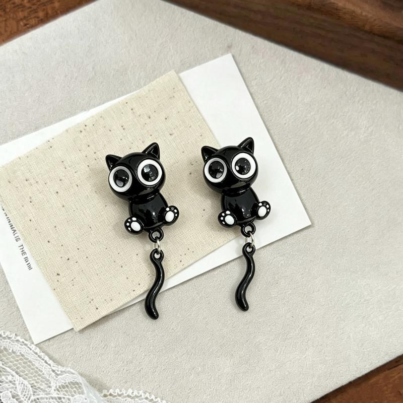 1 Pair Cute Black Cat Drop Earrings Cartoon Big Eyes Swing Tail Fashion Jewelry for Girls Cosplay Daily Wear
