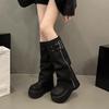 Punk Style Platform Thick Bottom Women Knight Boots Fashion Button Combination Splicing Height Increase Female Long Booties