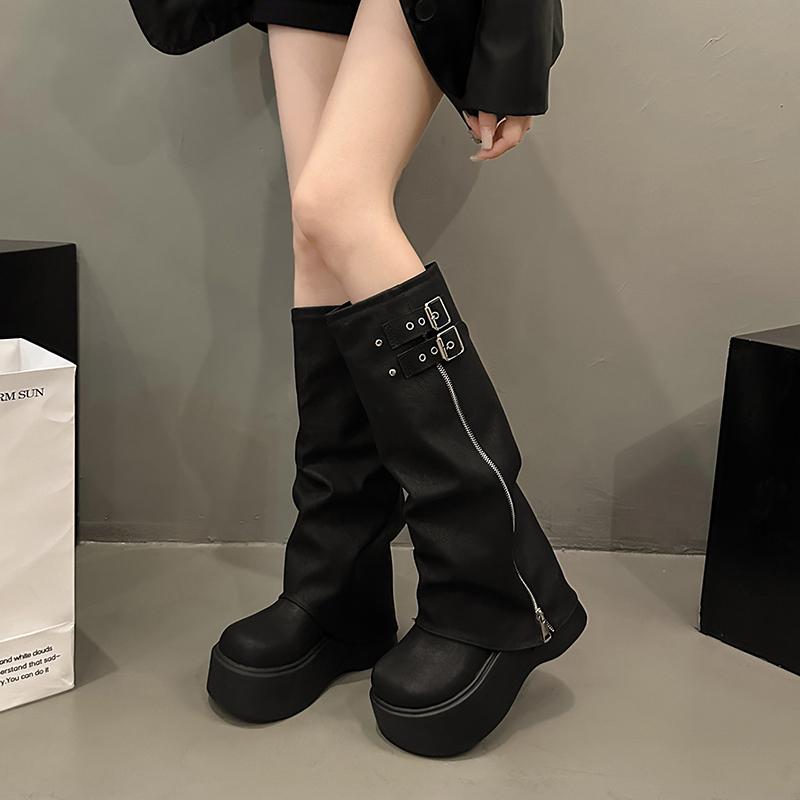 Punk Style Platform Thick Bottom Women Knight Boots Fashion Button Combination Splicing Height Increase Female Long Booties