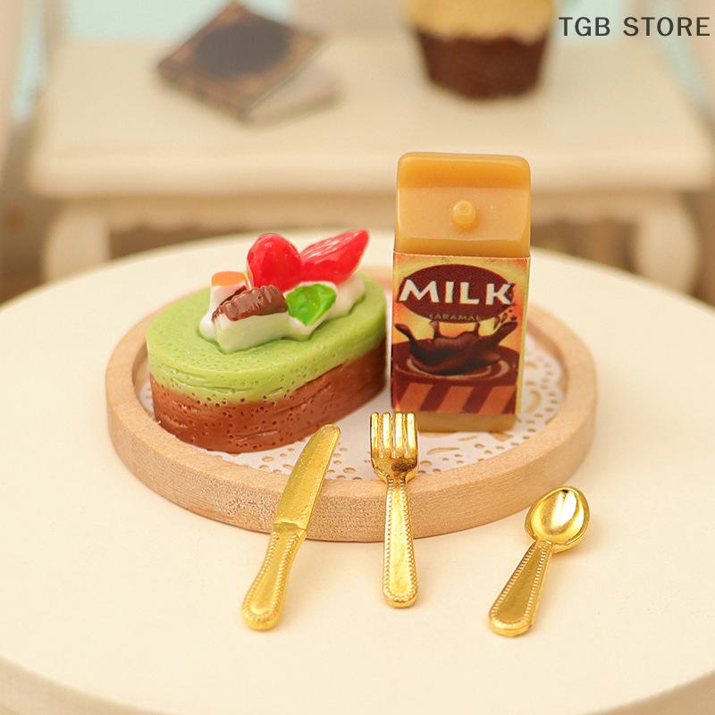 1Set Miniature Milk Cake Fork Tray Food Model 1:12 Dollhouse Kitchen Decor Toy For Doll House Accessories Kids Gift