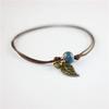 Vintage Leaf Bracelet Small Bell and Colorful Flower Glazed Ceramic Bead Pendant Leather Rope Anklet Women Ethnic Style Pulseras