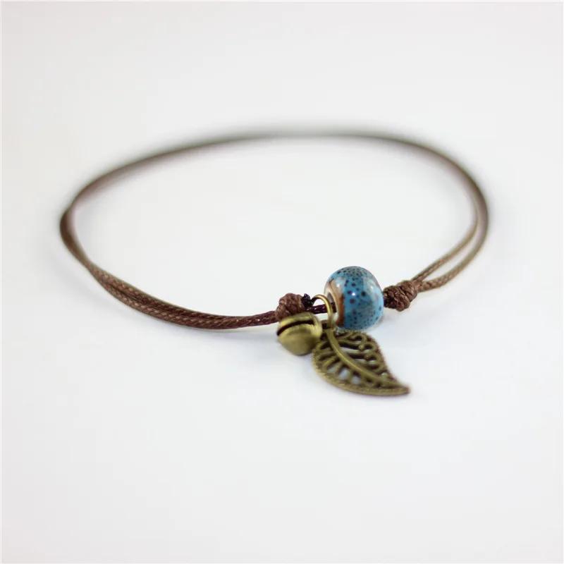 Vintage Leaf Bracelet Small Bell and Colorful Flower Glazed Ceramic Bead Pendant Leather Rope Anklet Women Ethnic Style Pulseras