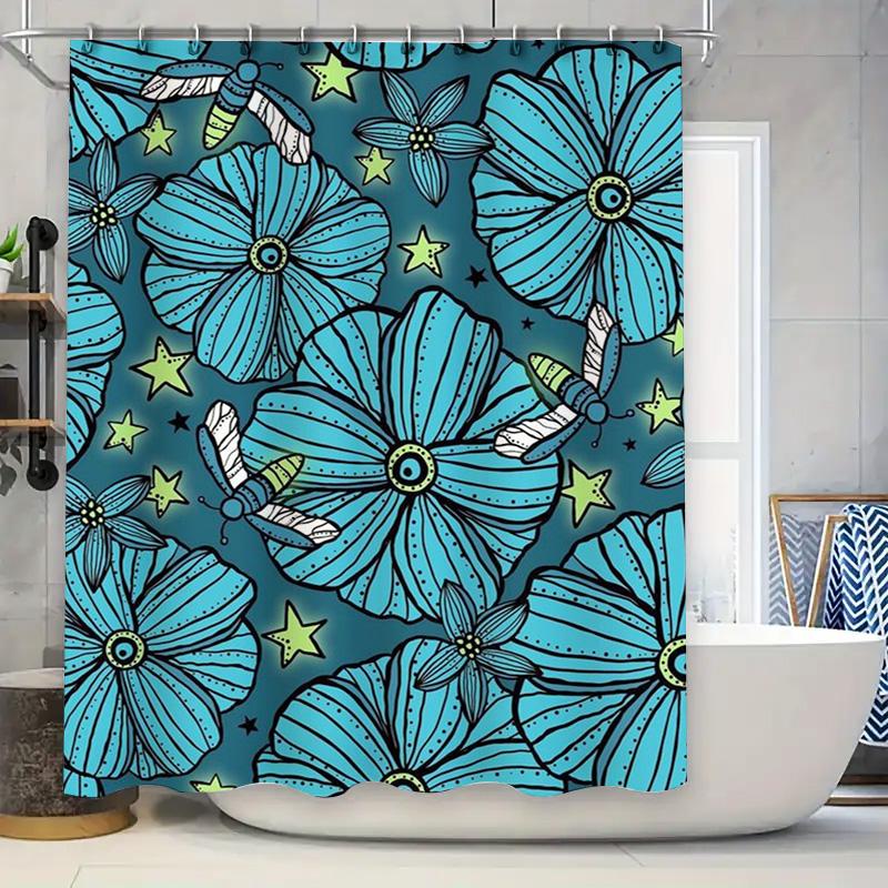 

Vibrant Blue Floral Shower Curtain Modern Bathroom Decor Waterproof Fabric With Hook Rings For Bathtub Or Poolside Use. 90x180cm